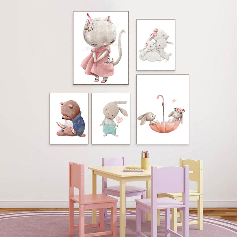 Animals Baby Nursery - 1PC frameloze decoratieve kunstprint, Bear Rabbit