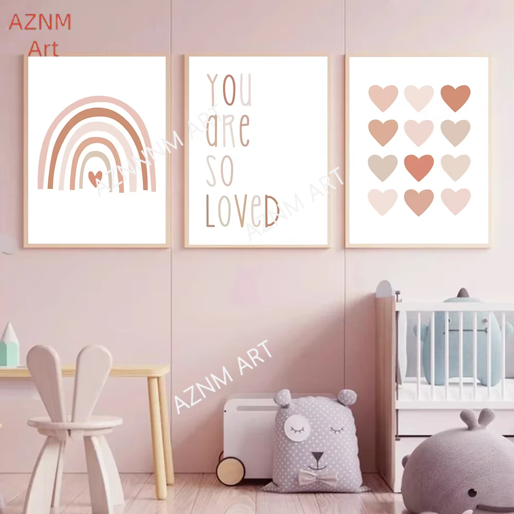 Baby Nursery Wall Art - 1/3PCS, cartoon hart regenboog roze muur
