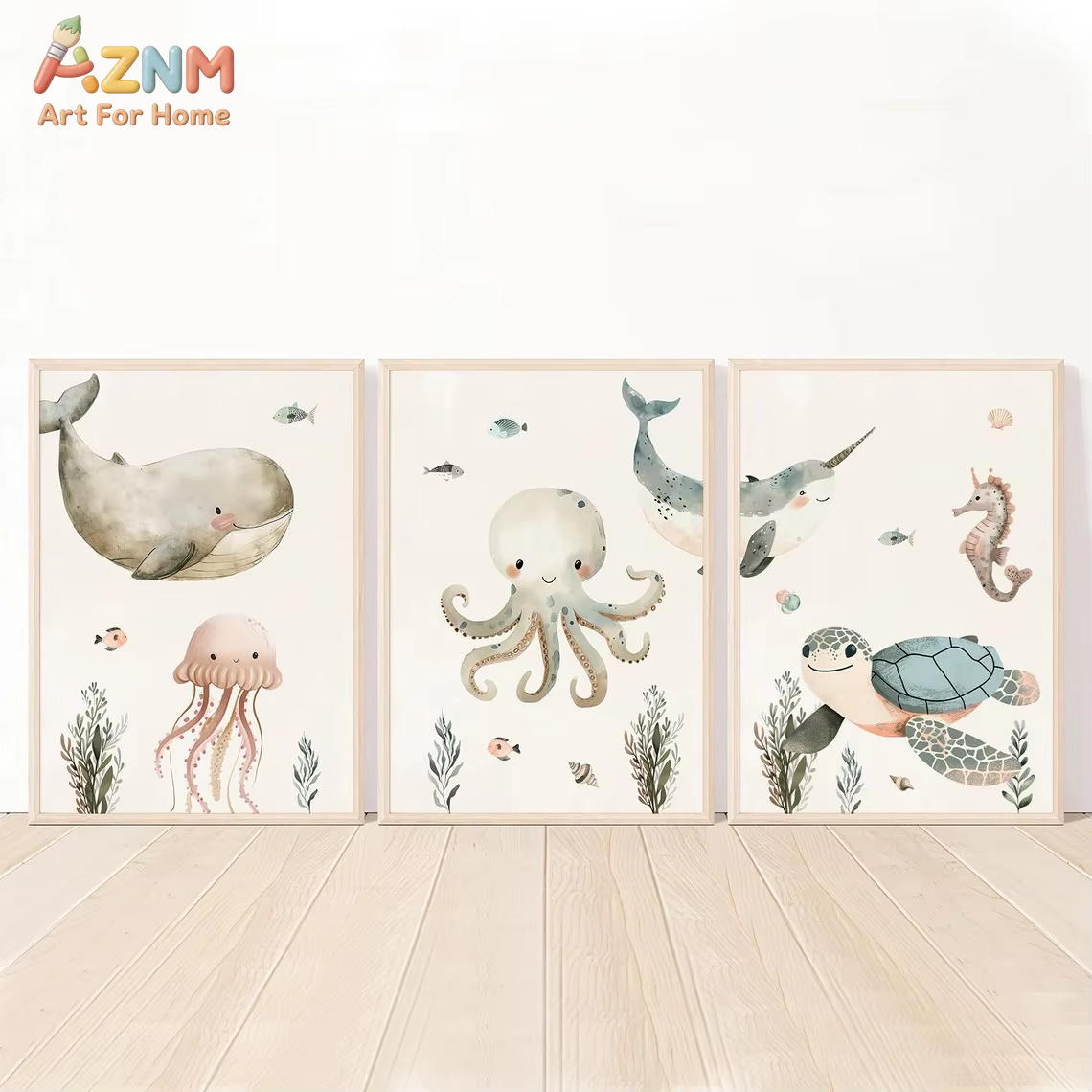 Baby Nursery Wall Art - AZNM aquarel schattig oceaandier canvas kunst