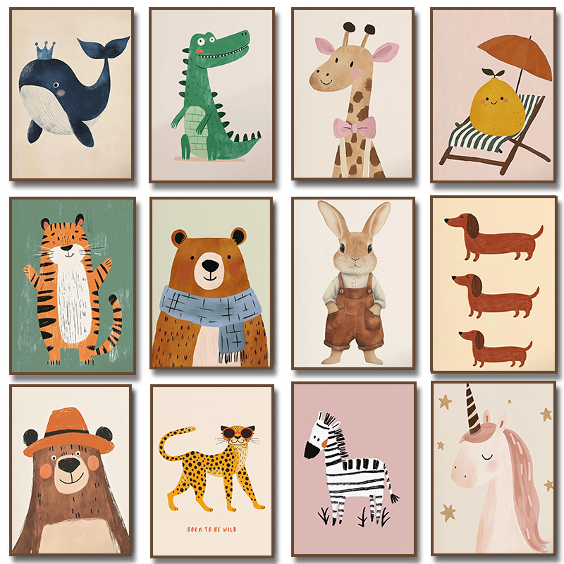Baby Nursery Wall Art - Schattige dierenillustratie poster eenhoorn beer tijger