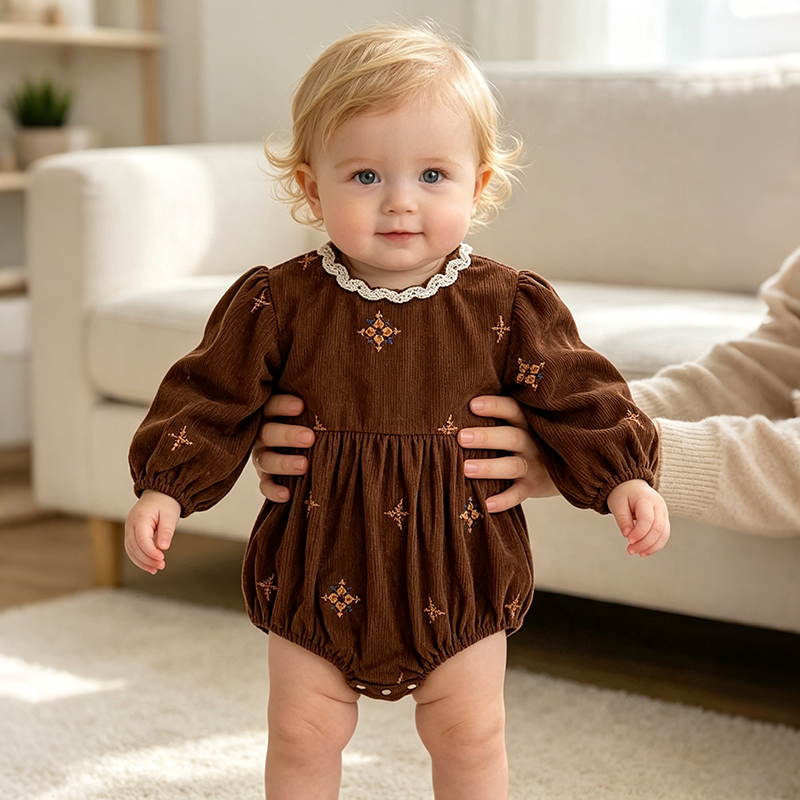 Baby Nursery Embroidery - 0-24M Vintage Bruine Corduroy Baby Romper