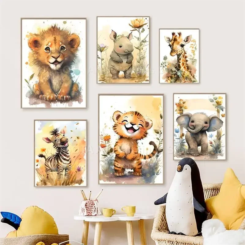 Animals Baby Nursery - Aquarel Leeuw Giraffe Tijger Olifant Zebra