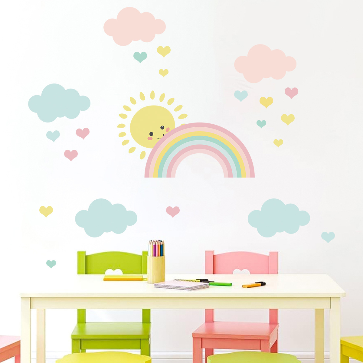 Baby Nursery Boy - Cartoon Zon Regenboog Wolken Muurstickers Kinderkamer