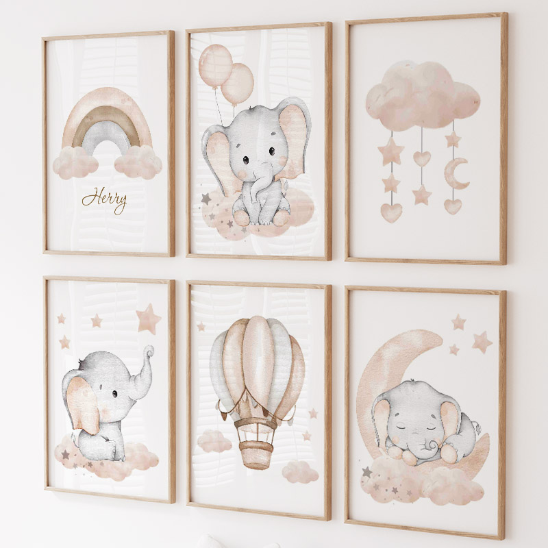 Baby Nursery Wall Art - Leuke Olifant Hot Ballon Maan Regenboog
