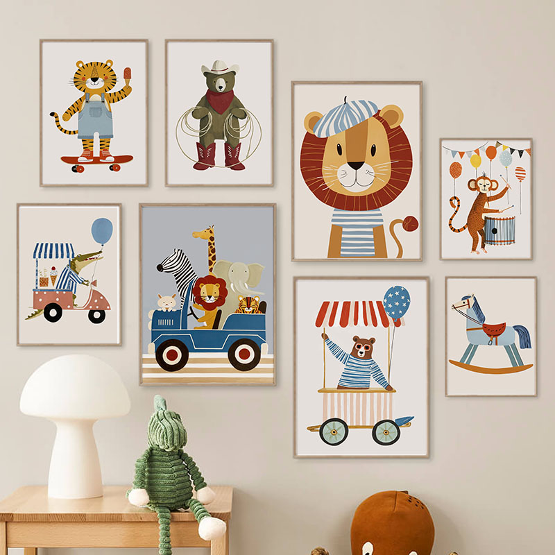 Baby Nursery Wall Art - Grappige cartoon dieren auto ballon kinderkamer