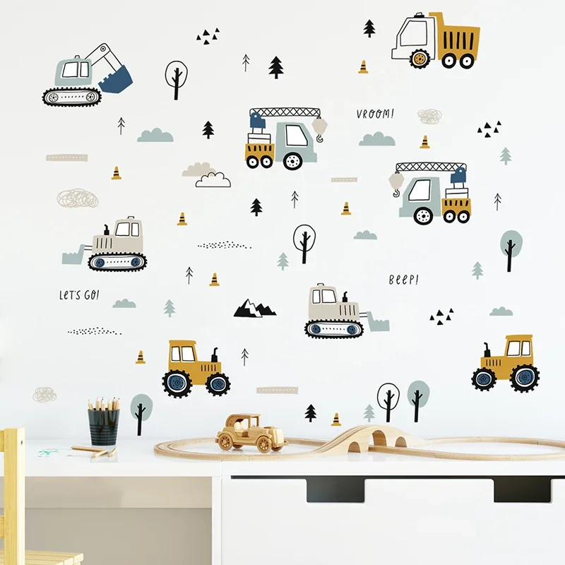 Baby Nursery Decals - Handgetekende schattige auto's vrachtwagen muurstickers kinderkamer