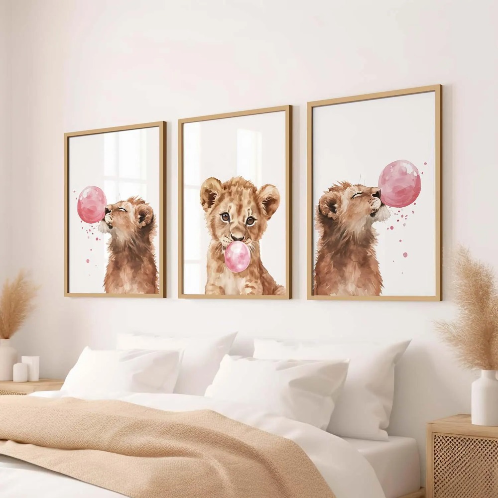 Baby Nursery Animal Theme - Leeuwenwelpen wanddecoratie set, baby dierenprints, bubblegum
