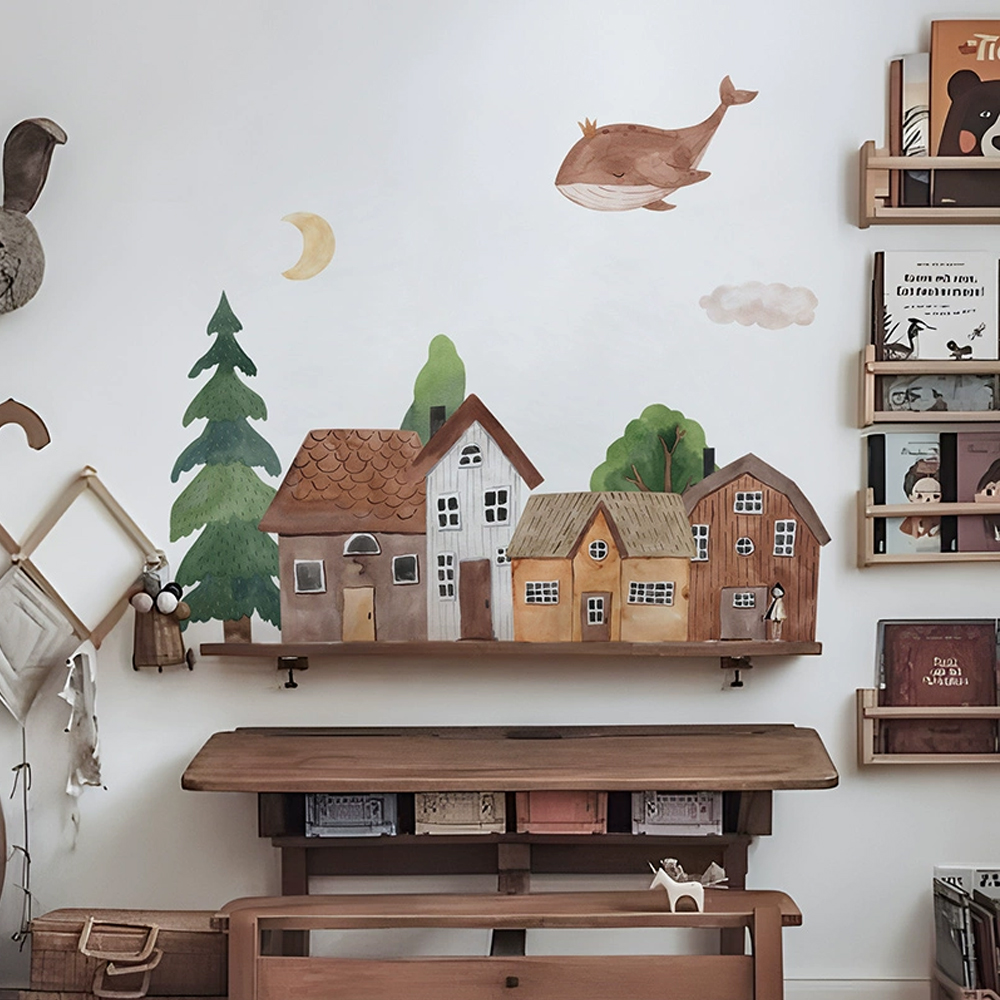 Baby Nursery Wall Art - Stof Cartoon Forest Vintage Stadsmuur PVC