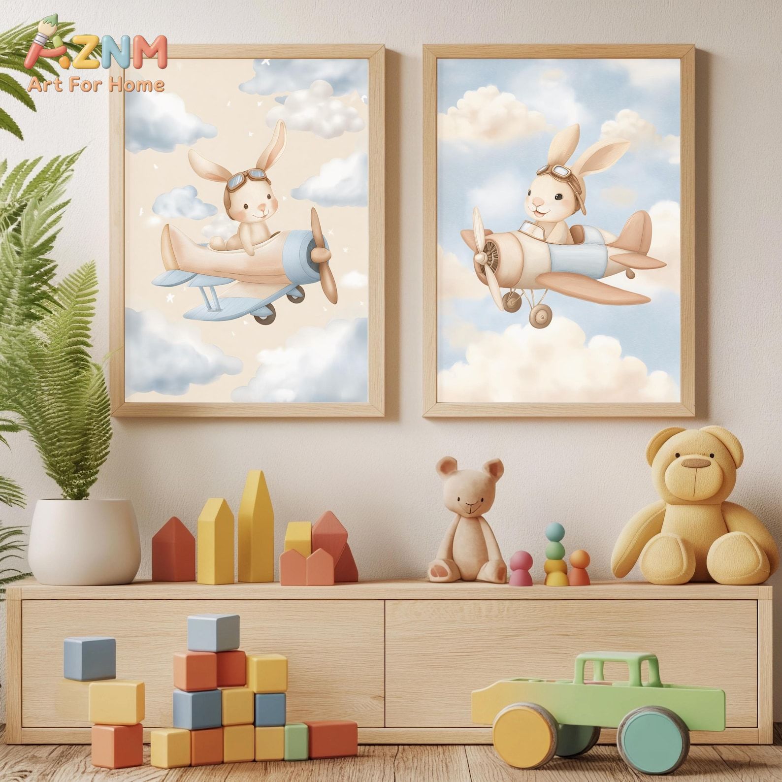 Bunny Airplane Wall Art Set va - Baby Nursery Animal Theme recensie en prijs