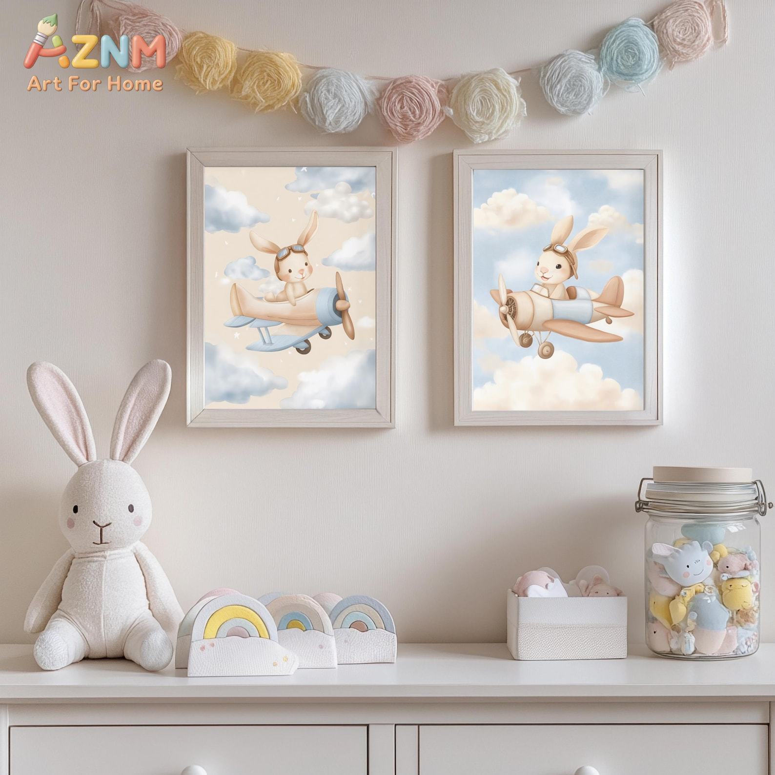 Bunny Airplane Wall Art Set va - Baby Nursery Animal Theme recensie en prijs