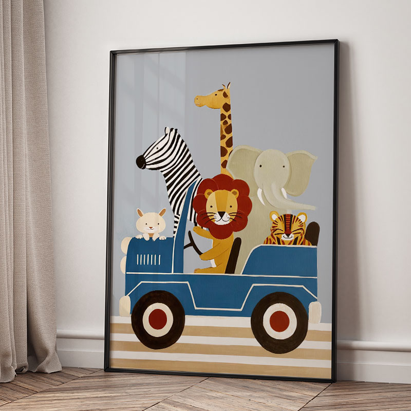 Grappige cartoon dieren auto b - Baby Nursery Wall Art recensie en prijs